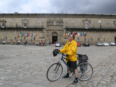 Bike with Santiago de Compostela Parador behind