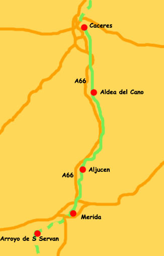 Map Merida to Caceres